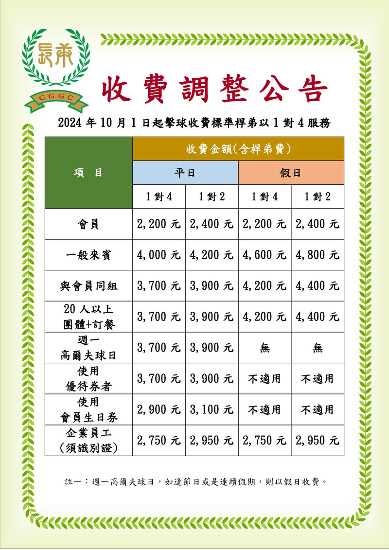 2024年長庚球場擊球價格調整公告